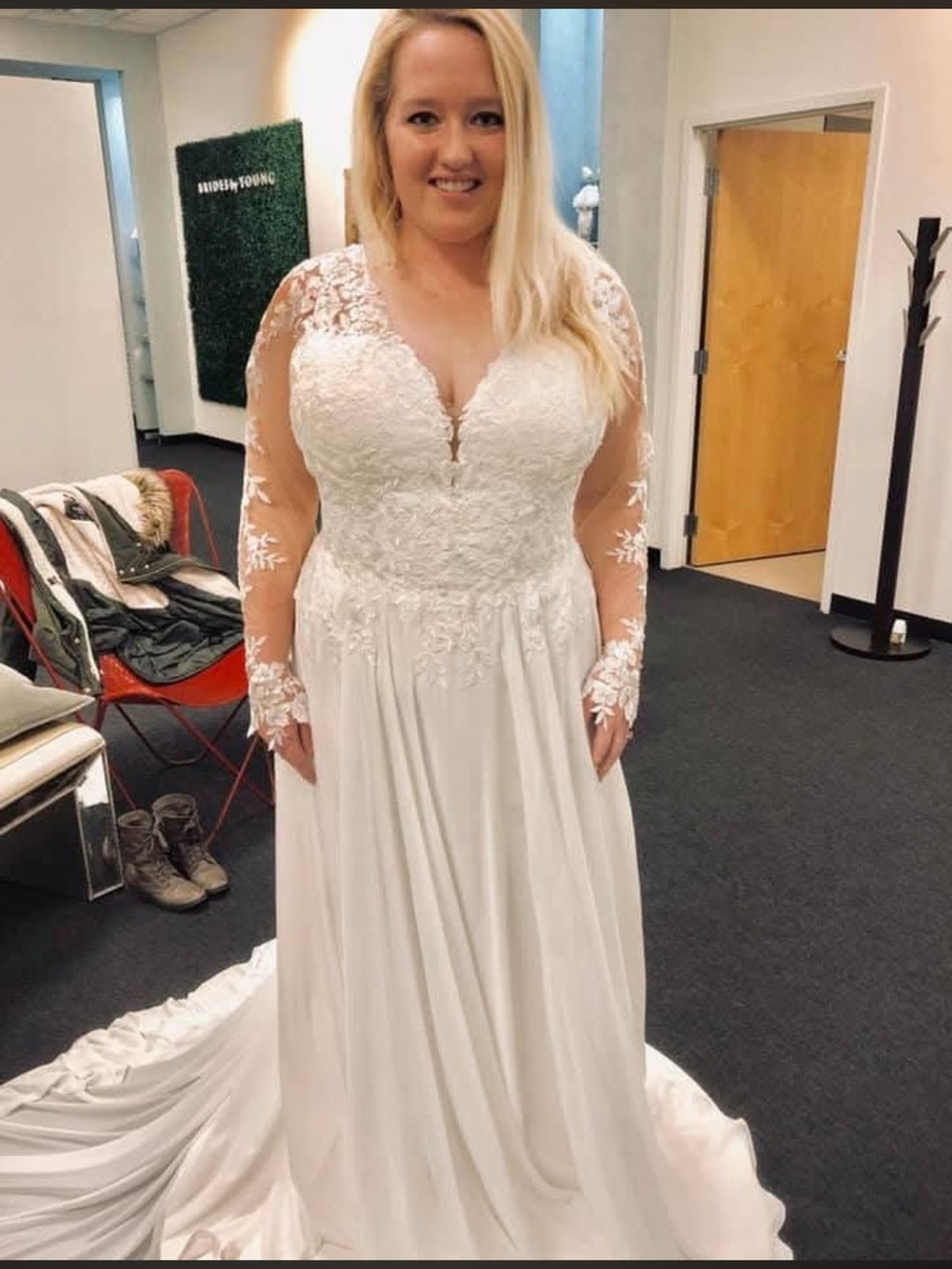 Stella York White Lace V-Neck A-Line Wedding Gown